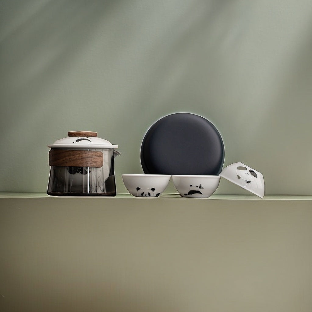 Hand-Painted Panda Glass Travel Teaware Set - Portable Outdoor Ceramic Quick-Serve Cup with Pot and Three Cups Mini Kit