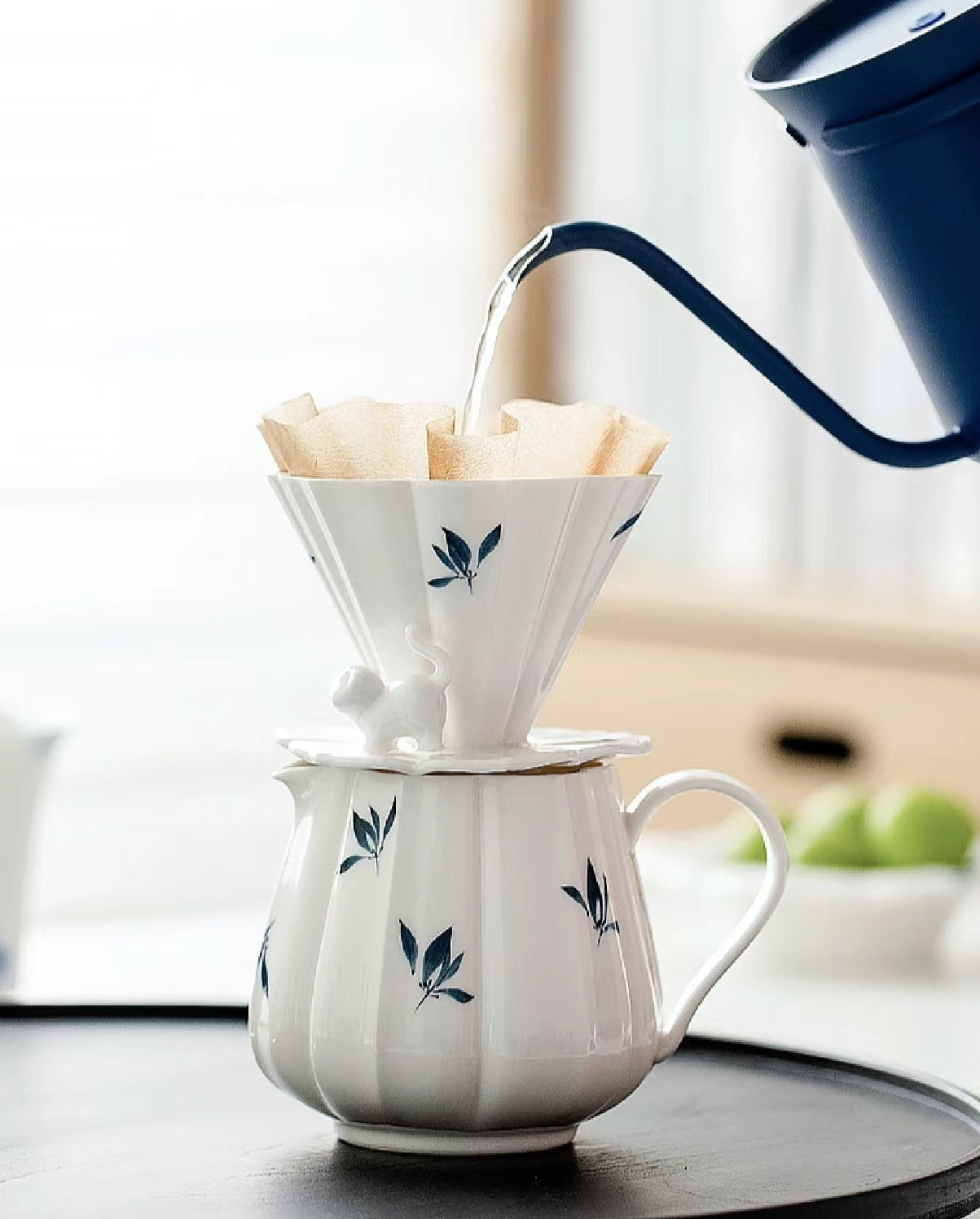 Handcrafted Ceramic Pour-Over Coffee Set: Beginner-Friendly with Cat Sculpture & Orchid Butterfly Design