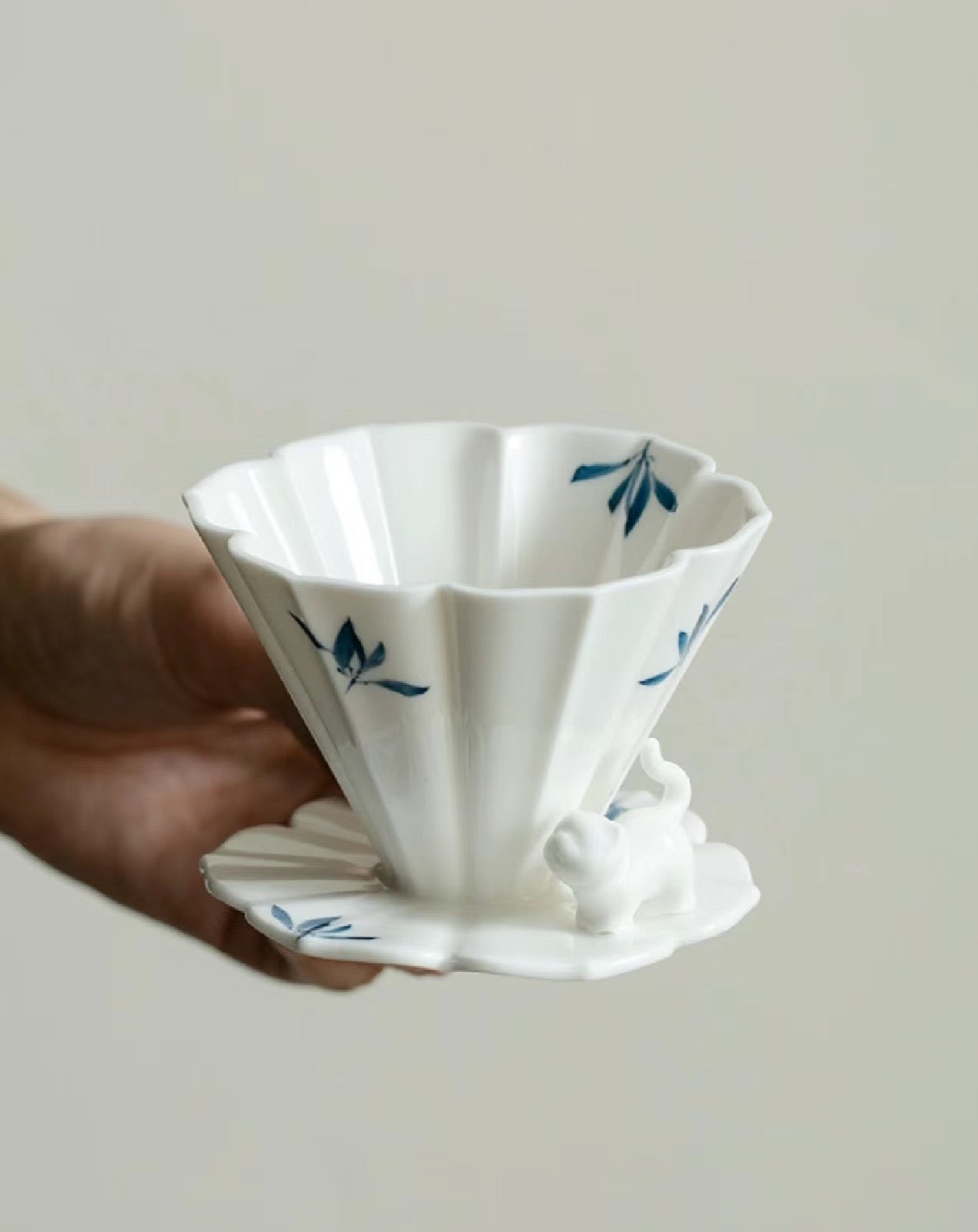 Handcrafted Ceramic Pour-Over Coffee Set: Beginner-Friendly with Cat Sculpture & Orchid Butterfly Design