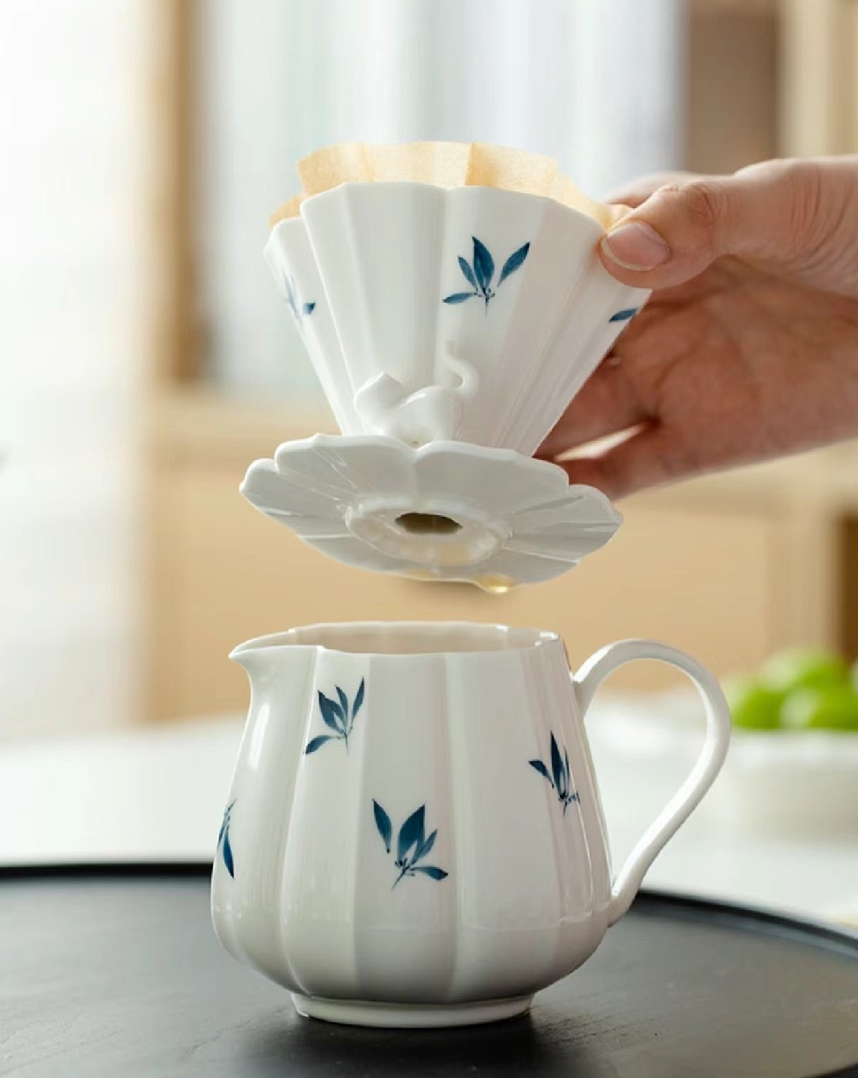 Handcrafted Ceramic Pour-Over Coffee Set: Beginner-Friendly with Cat Sculpture & Orchid Butterfly Design