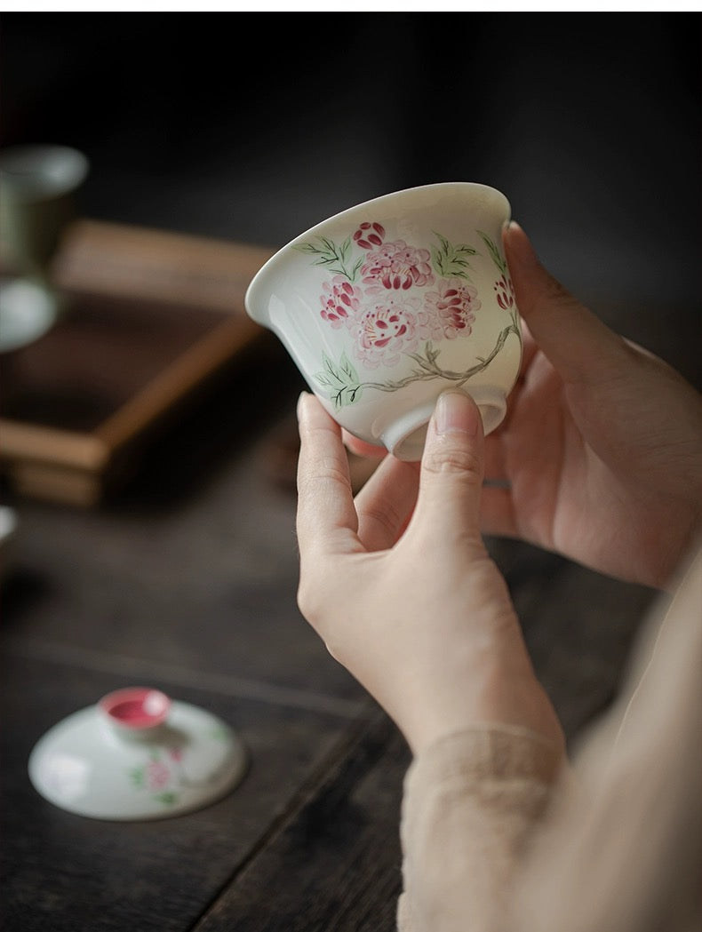 Begonia flowers gaiwan cup ! mutton fat jade porcelain chinese cup kongfu tea