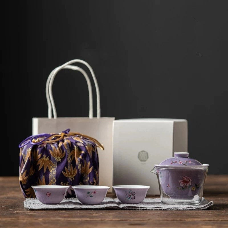 Butterfly Handmade Portable Tea Set with Case for Three
