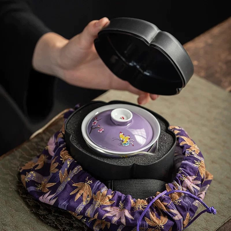 Butterfly Handmade Portable Tea Set with Case for Three