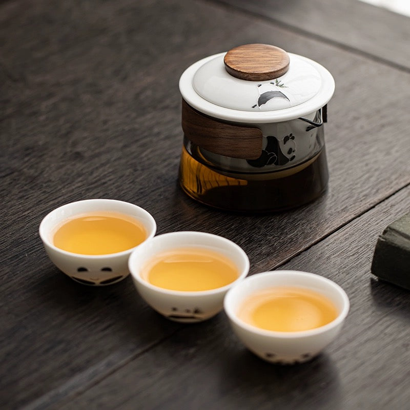 Hand-Painted Panda Glass Travel Teaware Set - Portable Outdoor Ceramic Quick-Serve Cup with Pot and Three Cups Mini Kit