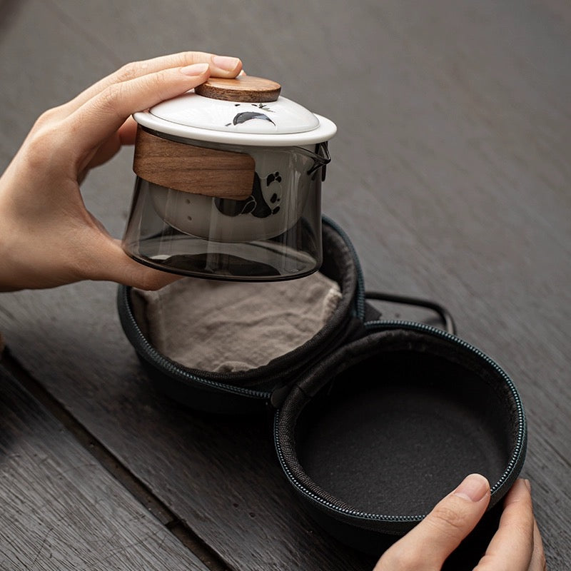 Hand-Painted Panda Glass Travel Teaware Set - Portable Outdoor Ceramic Quick-Serve Cup with Pot and Three Cups Mini Kit