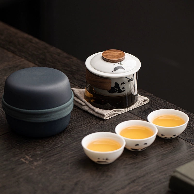Hand-Painted Panda Glass Travel Teaware Set - Portable Outdoor Ceramic Quick-Serve Cup with Pot and Three Cups Mini Kit