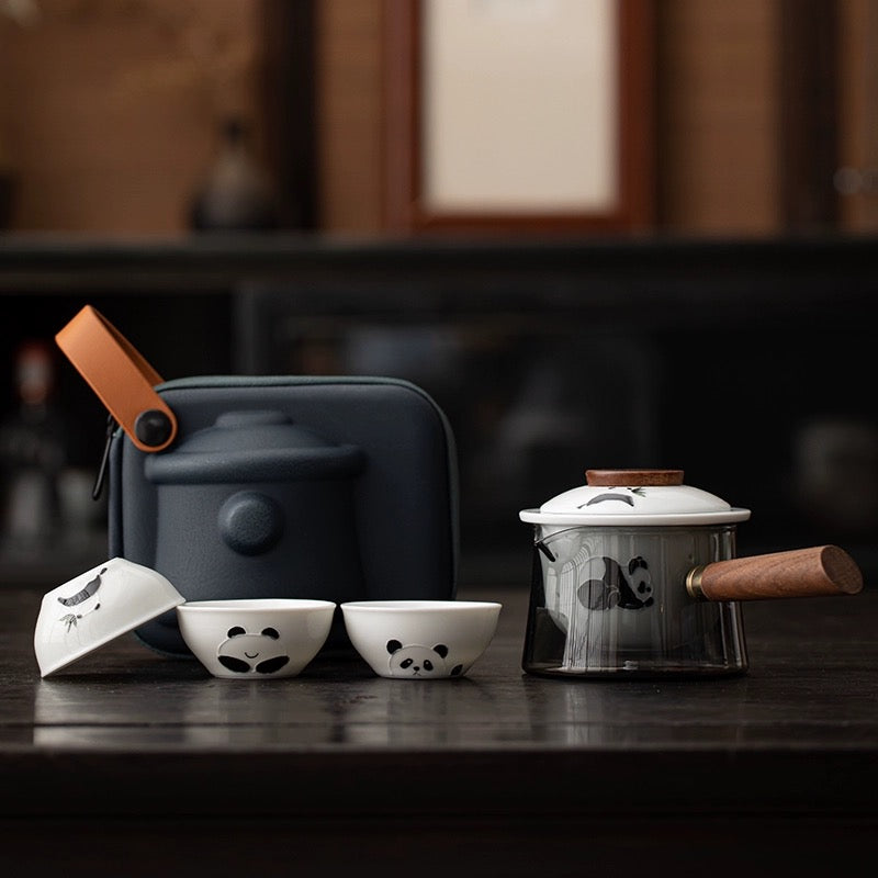 Hand-Painted Panda Glass Travel Teaware Set - Portable Outdoor Ceramic Quick-Serve Cup with Pot and Three Cups Mini Kit