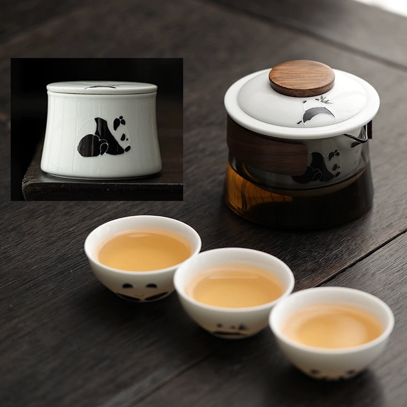 Hand-Painted Panda Glass Travel Teaware Set - Portable Outdoor Ceramic Quick-Serve Cup with Pot and Three Cups Mini Kit