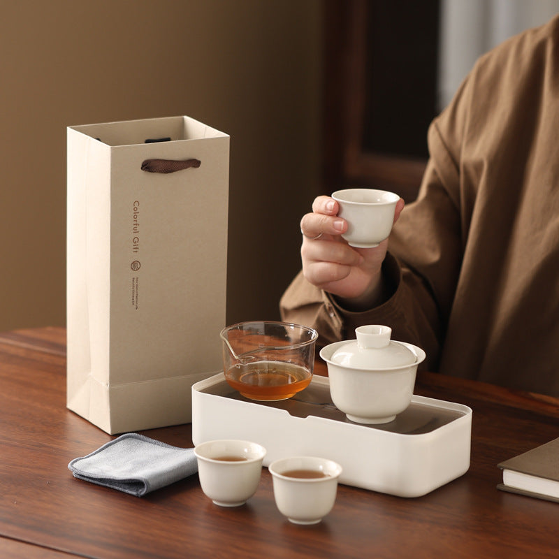 Portable Outdoor Camping Tea Set - Ceramic Kung Fu Gaiwan with 1 Pot & 3 Cups, Compact Storage Box, Miniature Tea Table for Brewing on the Go