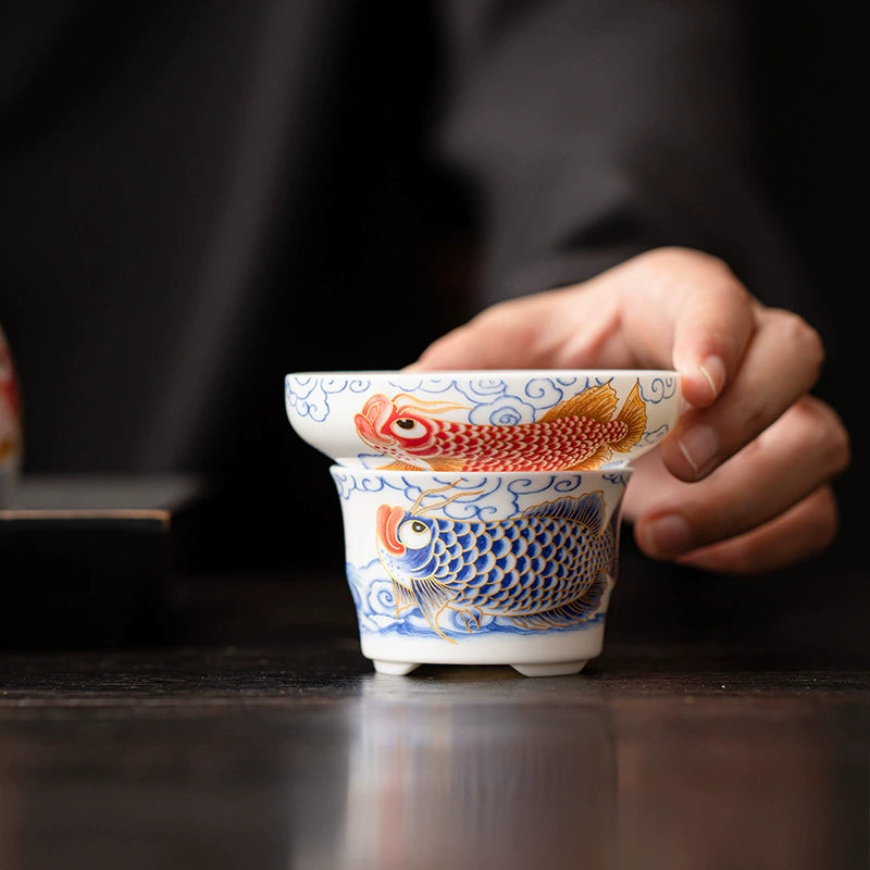 Fat Jade Porcelain Dragon Fish Hundred Holes Tea Strainer Set for Kung Fu Tea Accessories