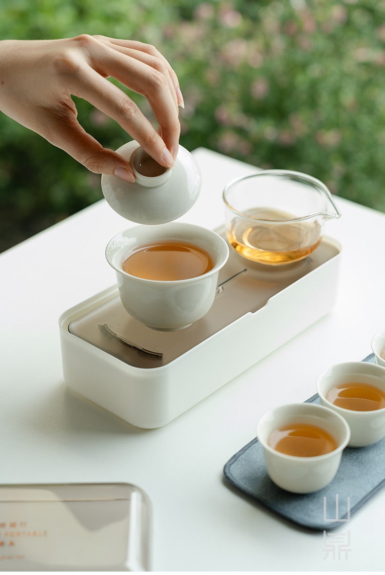 Portable Outdoor Camping Tea Set - Ceramic Kung Fu Gaiwan with 1 Pot & 3 Cups, Compact Storage Box, Miniature Tea Table for Brewing on the Go