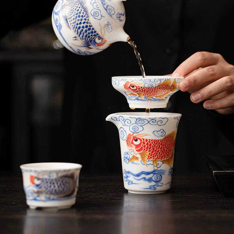 Fat Jade Porcelain Dragon Fish Hundred Holes Tea Strainer Set for Kung Fu Tea Accessories