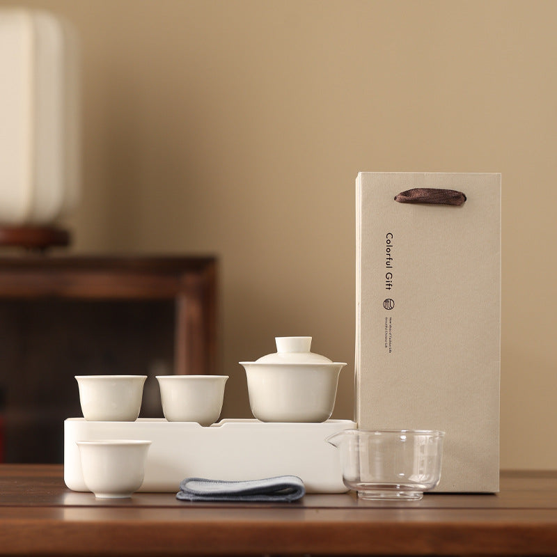 Portable Outdoor Camping Tea Set - Ceramic Kung Fu Gaiwan with 1 Pot & 3 Cups, Compact Storage Box, Miniature Tea Table for Brewing on the Go