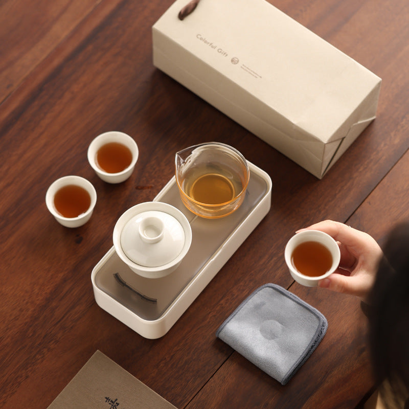 Portable Outdoor Camping Tea Set - Ceramic Kung Fu Gaiwan with 1 Pot & 3 Cups, Compact Storage Box, Miniature Tea Table for Brewing on the Go