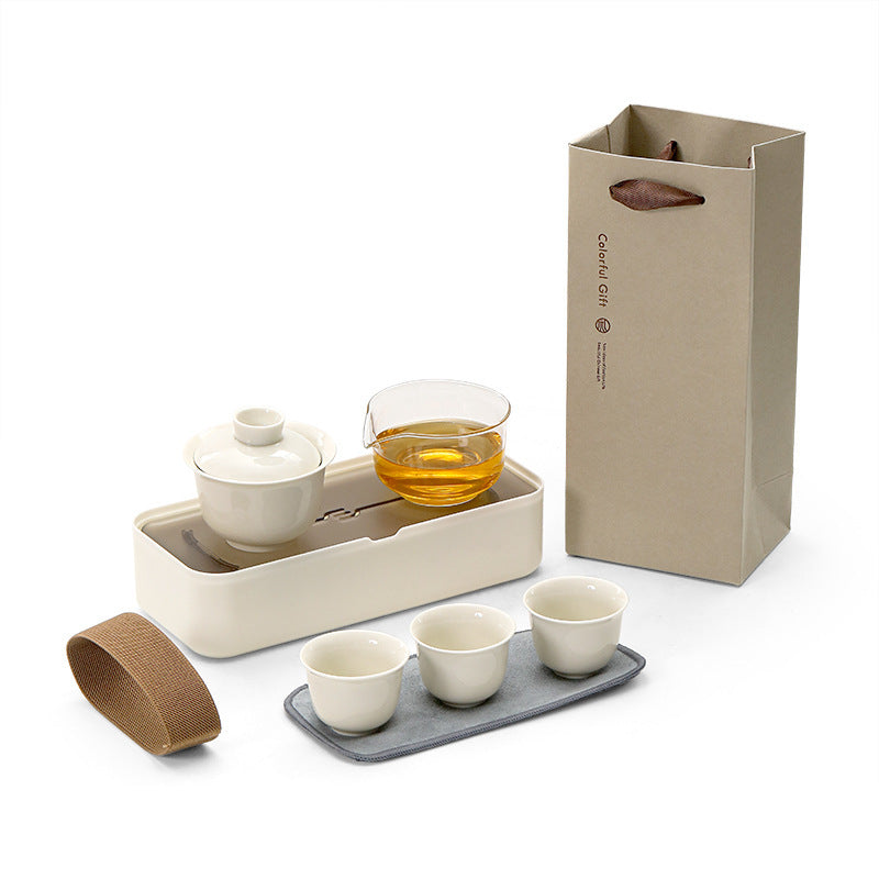 Portable Outdoor Camping Tea Set - Ceramic Kung Fu Gaiwan with 1 Pot & 3 Cups, Compact Storage Box, Miniature Tea Table for Brewing on the Go