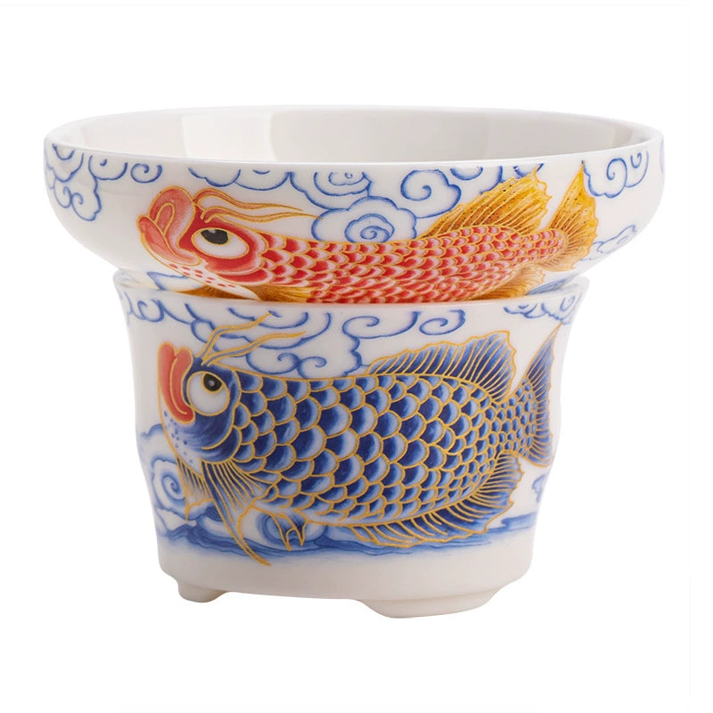Fat Jade Porcelain Dragon Fish Hundred Holes Tea Strainer Set for Kung Fu Tea Accessories