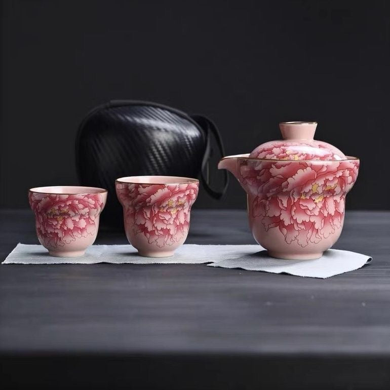 Ru Yao Ceramic Travel Tea Set with Portable Infuser - Luxury Chinese-style Brew Kit, Compact 1 Pot + 2 Cups for Business Trips & Outdoor Adventures