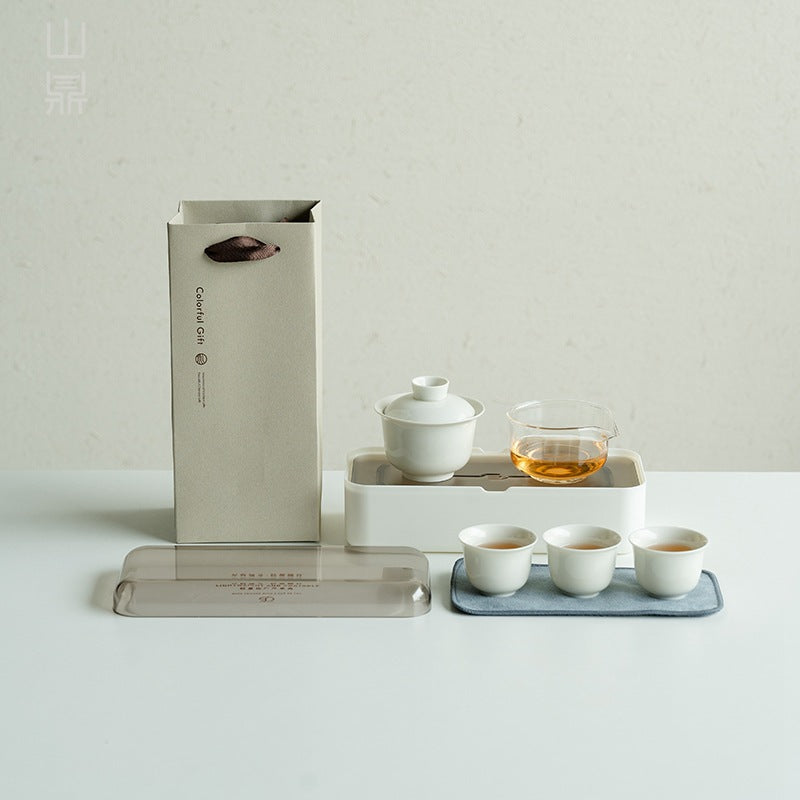 Portable Outdoor Camping Tea Set - Ceramic Kung Fu Gaiwan with 1 Pot & 3 Cups, Compact Storage Box, Miniature Tea Table for Brewing on the Go
