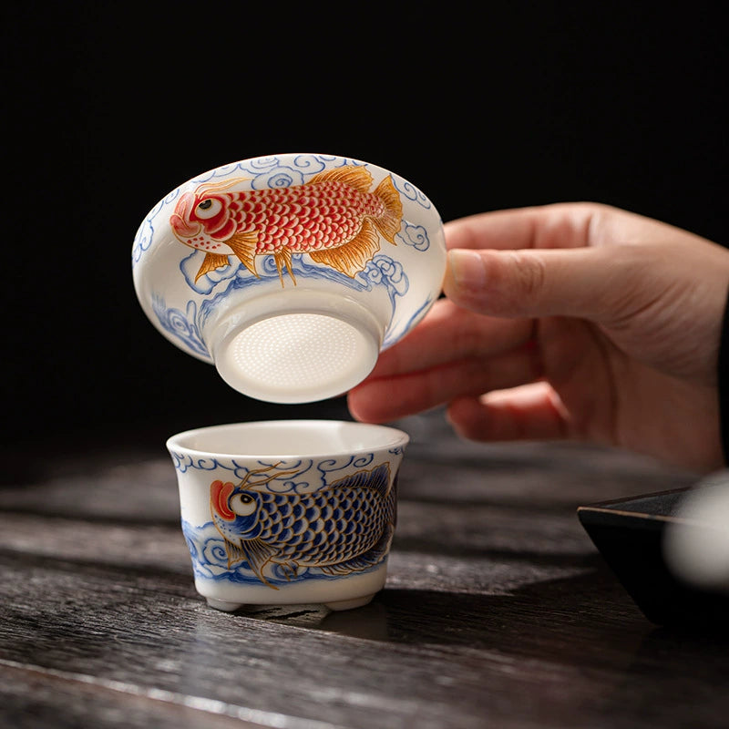 Fat Jade Porcelain Dragon Fish Hundred Holes Tea Strainer Set for Kung Fu Tea Accessories