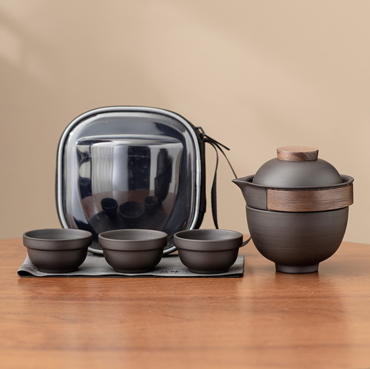 “Luxury Zisha” Portable Travel Tea Set with 1 Pot & 3 Cups for Mini Kung Fu Tea Ceremony