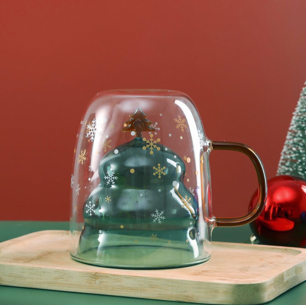 Christmas Double-Walled Insulated Glass Cup - Cute Gift for Juice, Milk, and Coffee
