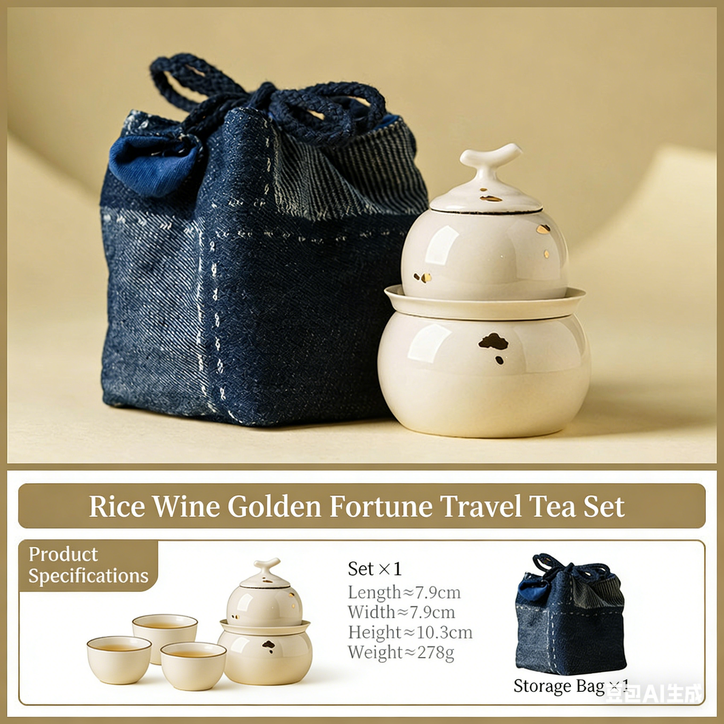 Beige Plant Ash Glaze Travel Tea Set with Gold Flecks - Gourd Shaped Ceramic “Quick Cup” for Solo Brewing & Outdoor