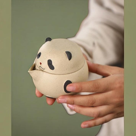 Panda Handmade Handle Teapot & Tea Caddy Zisha Portable Travel Teapot Set