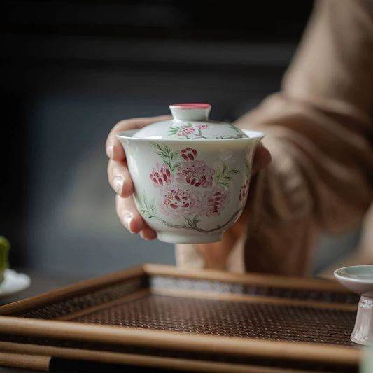 Begonia flowers gaiwan cup ! mutton fat jade porcelain chinese cup kongfu tea