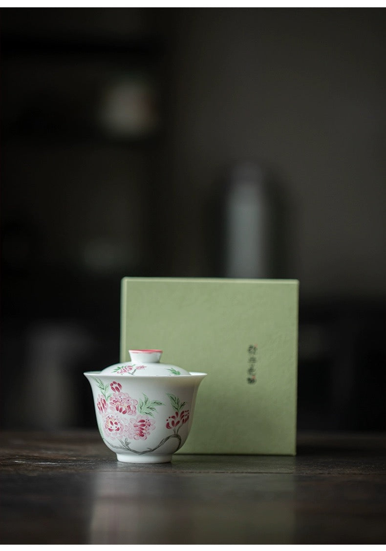 Begonia flowers gaiwan cup ! mutton fat jade porcelain chinese cup kongfu tea