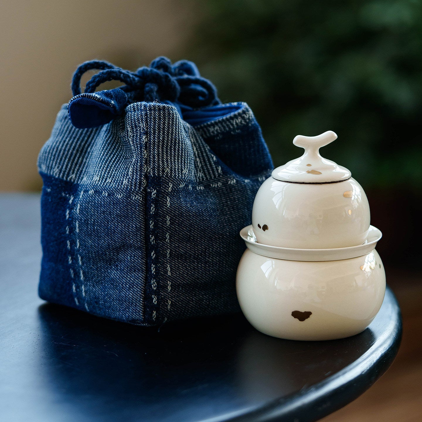 Beige Plant Ash Glaze Travel Tea Set with Gold Flecks - Gourd Shaped Ceramic “Quick Cup” for Solo Brewing & Outdoor