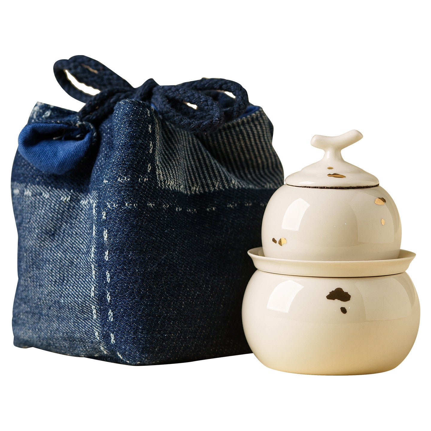Beige Plant Ash Glaze Travel Tea Set with Gold Flecks - Gourd Shaped Ceramic “Quick Cup” for Solo Brewing & Outdoor