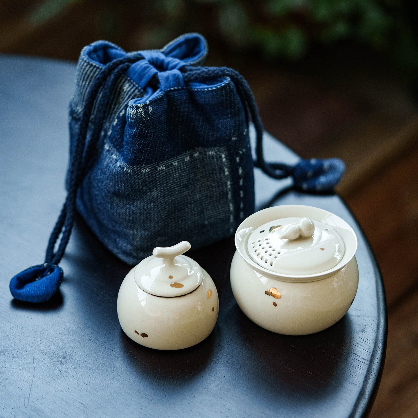 Beige Plant Ash Glaze Travel Tea Set with Gold Flecks - Gourd Shaped Ceramic “Quick Cup” for Solo Brewing & Outdoor