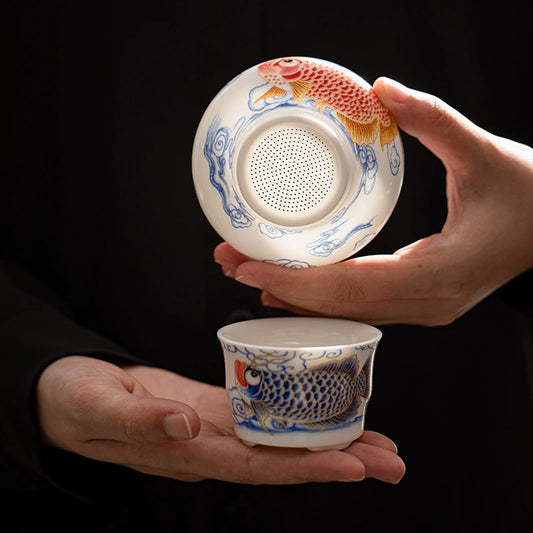 Fat Jade Porcelain Dragon Fish Hundred Holes Tea Strainer Set for Kung Fu Tea Accessories