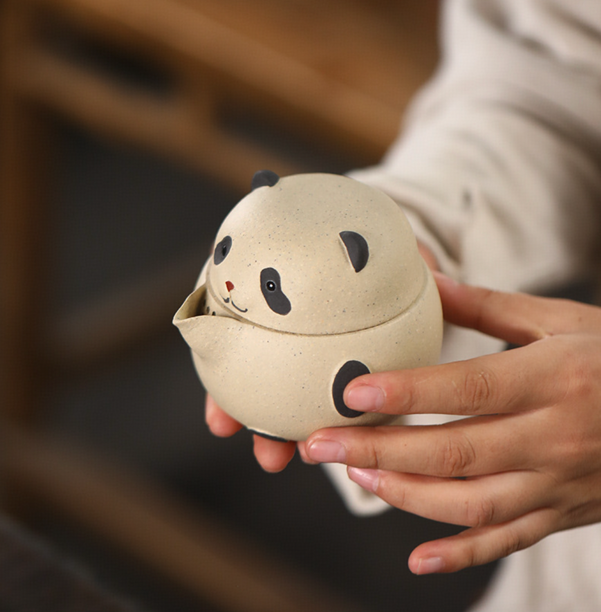 Panda Handmade Handle Teapot & Tea Caddy Zisha Portable Travel Teapot Set