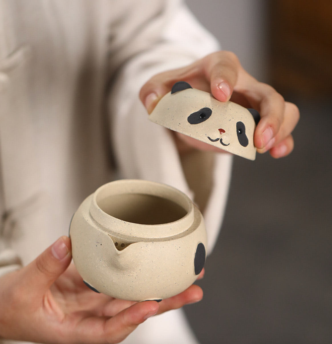 Panda Handmade Handle Teapot & Tea Caddy Zisha Portable Travel Teapot Set